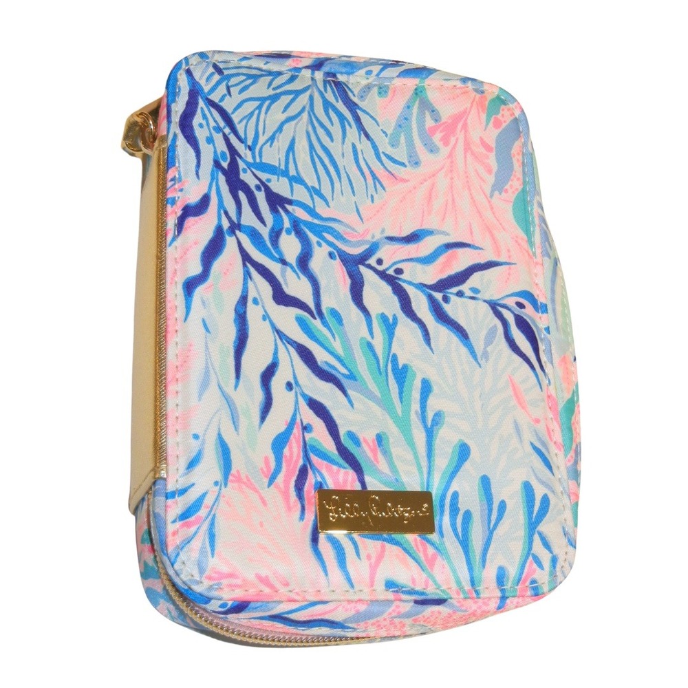 Lilly Pulitzer Cosmetic Travel Bag Pouch Coral Reef Print Gold Logo Zip Closure